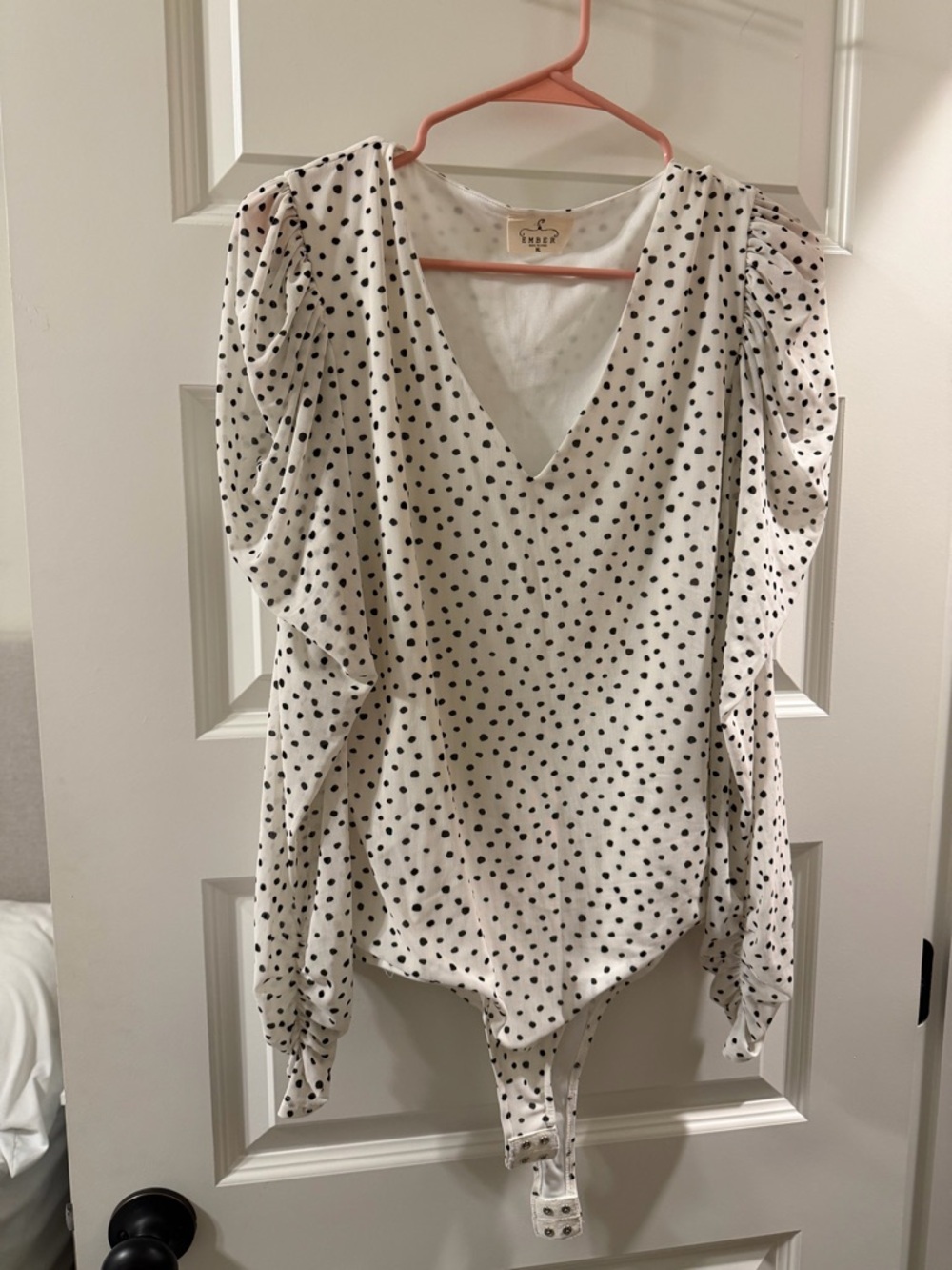 Polka Dot V-Neck Ruffle Sleeve Bodysuit - White with Black Dots
